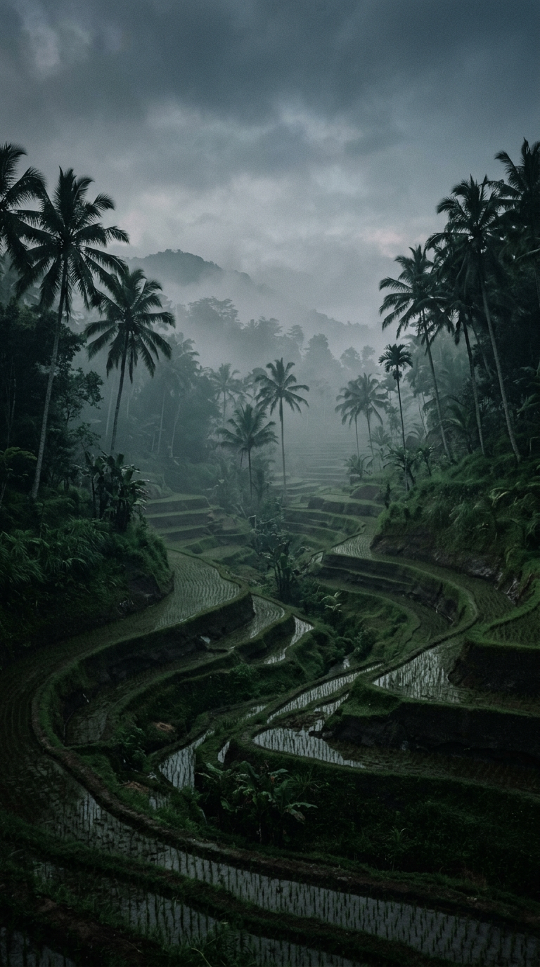 Misty rice terraces and palms in the Balinese jungle at dawn