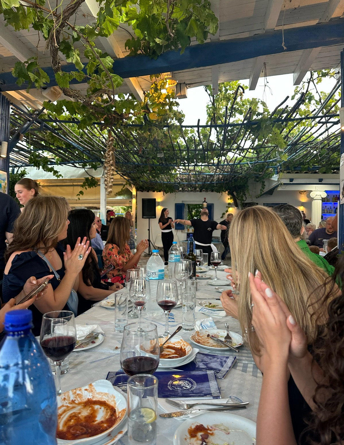 Guests clapping along to traditional Greek dancers beneath a vine-covered taverna pergola