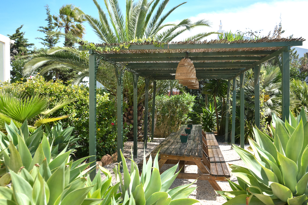 Shaded dining pergola surrounded by palms and lush gardens