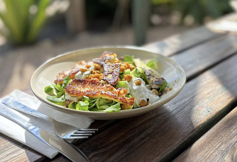 Fresh salad with grilled cheese served outdoors