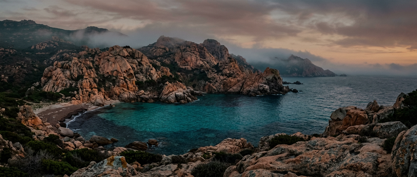 Granite rocks around a hidden turquoise cove on the Sardinian coast at dusk